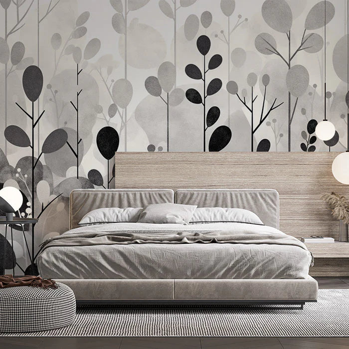 Gray Tree and Leaf Mural Wallpaper in Bedroom Gray and White Tree and Leaf -2 Mural Wallpaper