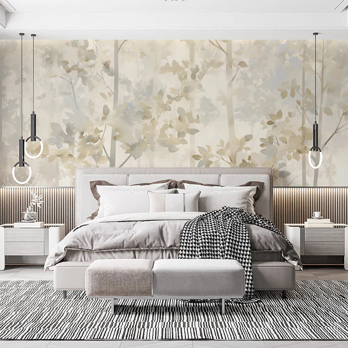 Gray Tree and Leaf Mural Wallpaper in Bedroom Gray and White Tree and Leaf -3 Mural Wallpaper