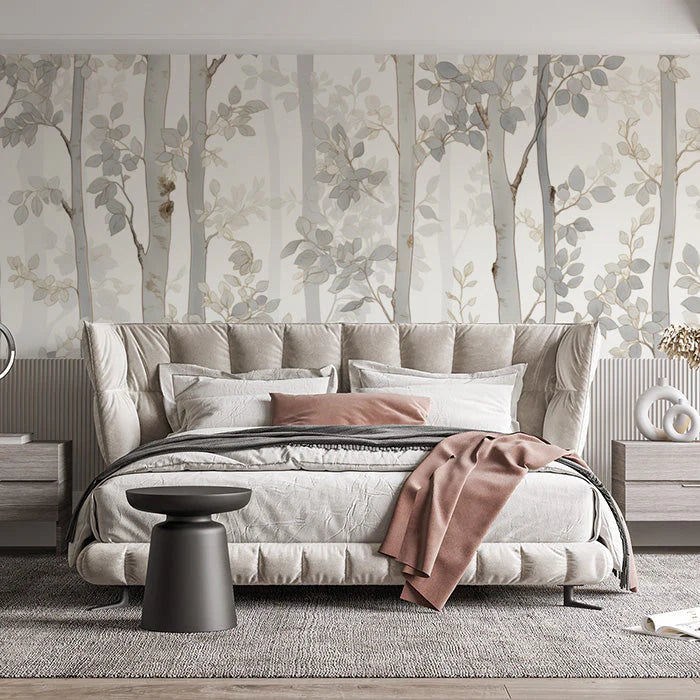 Gray Tree and Leaf Mural Wallpaper in Bedroom Gray and White Tree and Leaf -4 Mural Wallpaper - pure wallpaper artwork