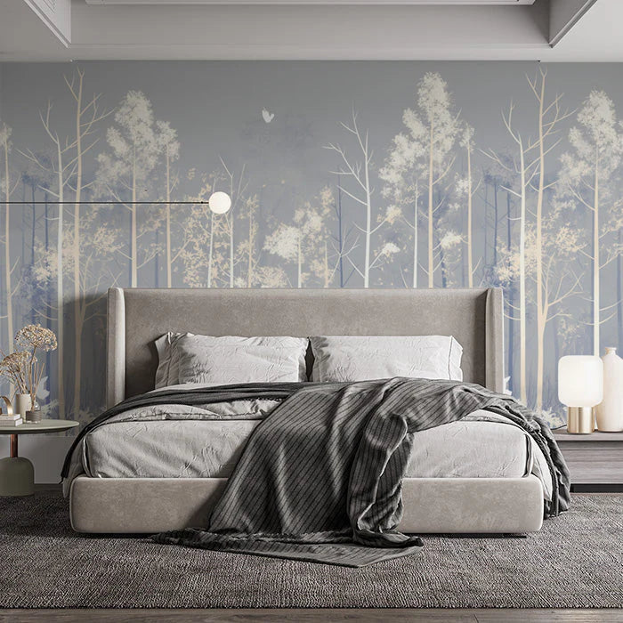 Gray Tree and Leaf Mural Wallpaper in Bedroom Gray and White Tree and Leaf -5 Mural Wallpaper - pure wallpaper artwork