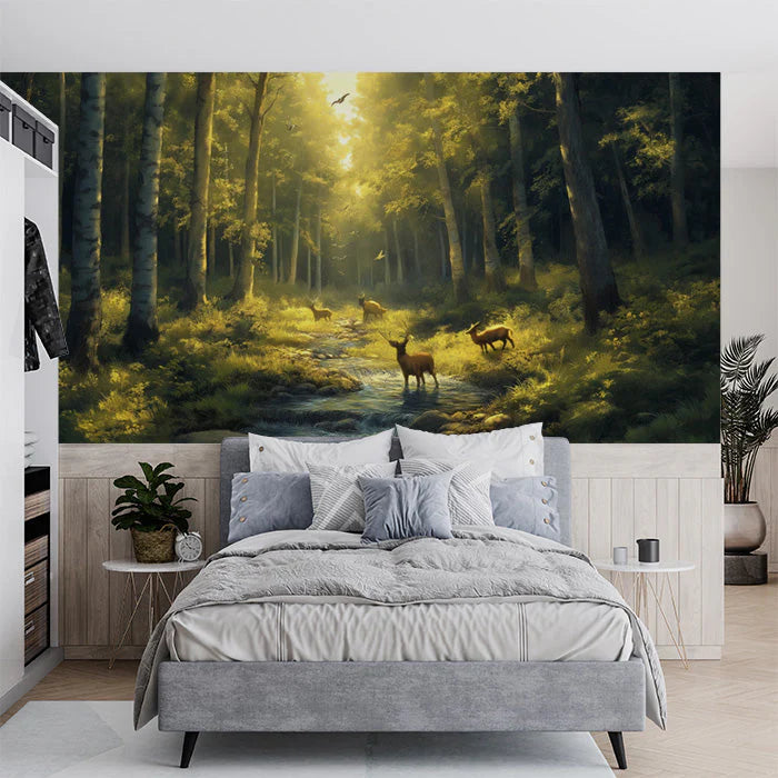 Forest and Deer Mural Wallpaper in Bedroom Various Shades of Green, Brown, and Yellow Forest Mural Wallpaper - pure wallpaper artwork