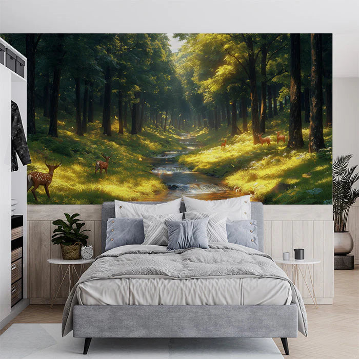 Forest and Deer Mural Wallpaper in Bedroom Various Shades of Green, Brown, and Yellow Forest -1 Mural Wallpaper