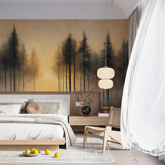 Forest at Sunset Mural Wallpaper in Bedroom Orange, Yellow, and Black Forest Mural Wallpaper