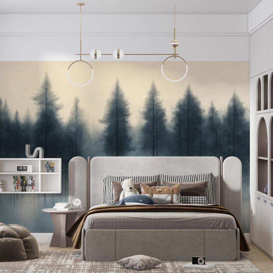 Forest at Sunset Mural Wallpaper in Bedroom Orange, Yellow, and Black Forest -1 Mural Wallpaper