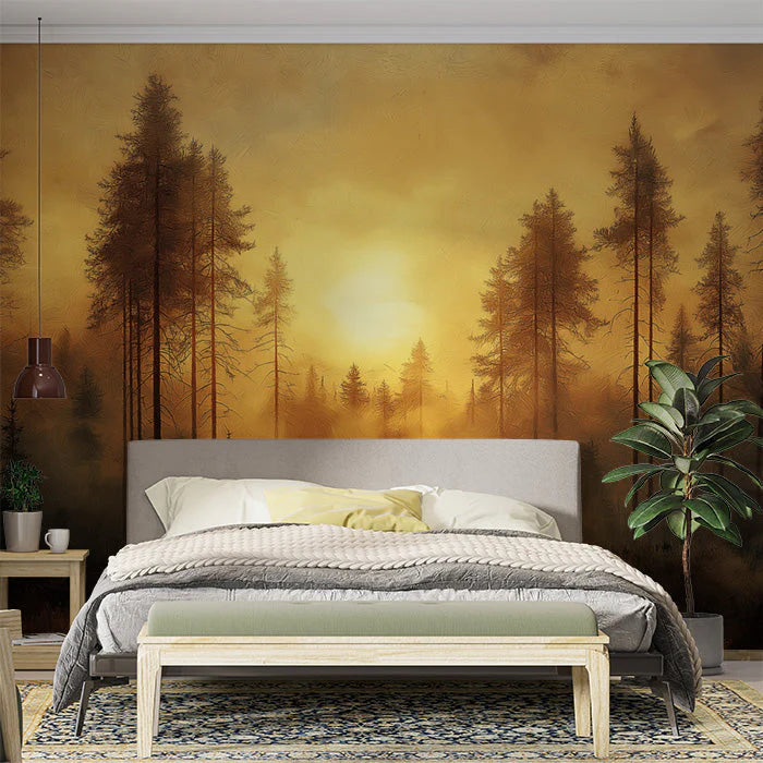 Forest at Sunset Mural Wallpaper in Bedroom Orange, Yellow, and Black Forest -2 Mural Wallpaper