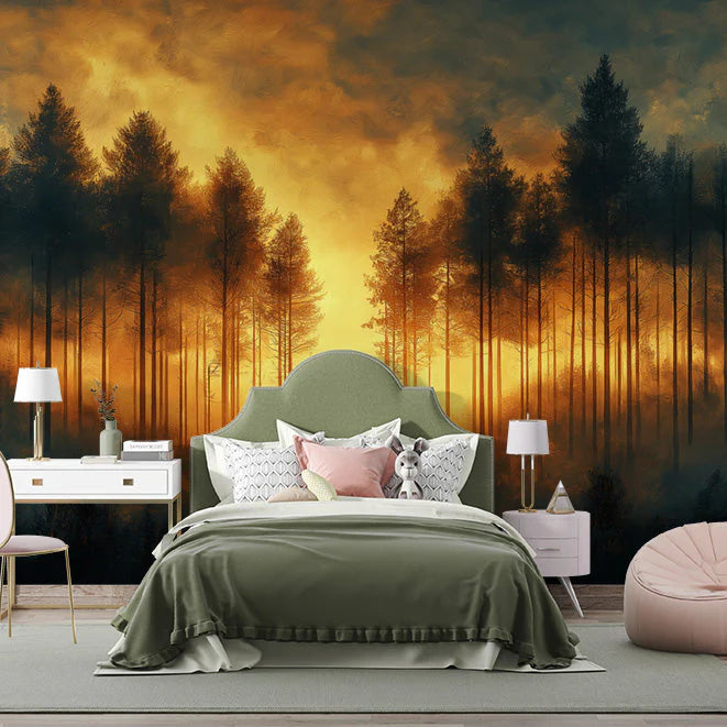 Forest at Sunset Mural Wallpaper in Bedroom Orange, Yellow, and Black Forest -3 Mural Wallpaper - pure wallpaper artwork