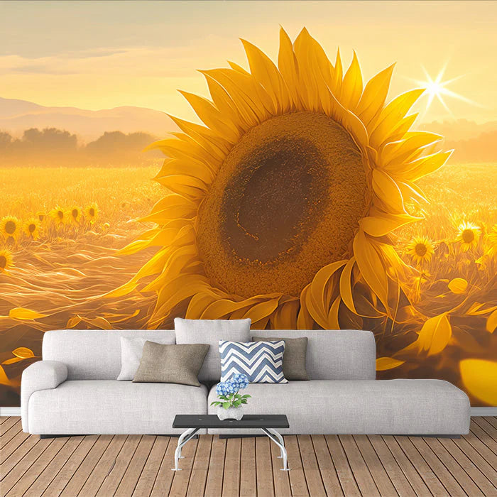 Sunflower Field Mural Wallpaper in Living Room Yellow and Orange Sunflower Mural Wallpaper