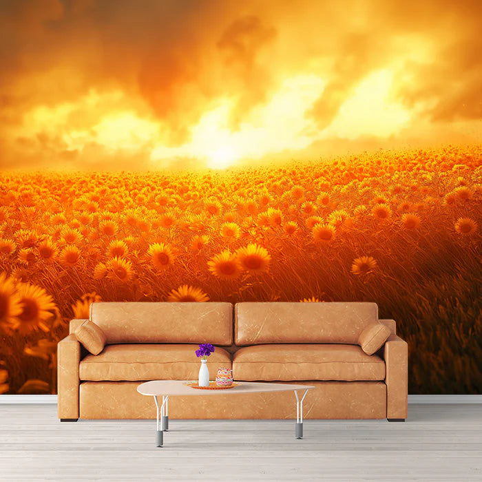 Sunflower Field Mural Wallpaper in Living Room Yellow and Orange Sunflower -2 Mural Wallpaper
