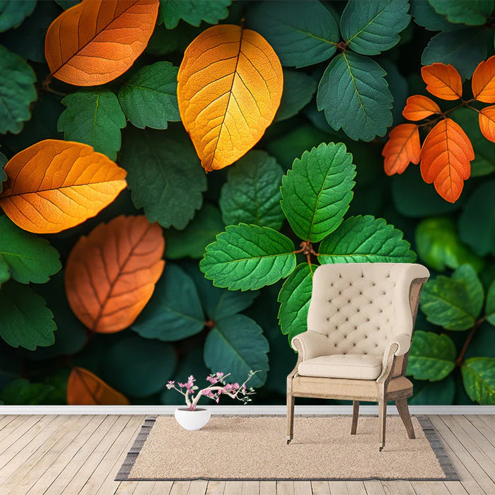 Autumn Leaves Mural Wallpaper in Reading Nook Green, Orange, and Yellow Autumn Mural Wallpaper