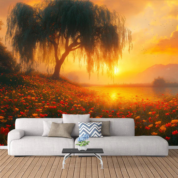 Sunset Willow Tree Mural Wallpaper in Living Room Orange, Yellow, and Green Sunset Mural Wallpaper
