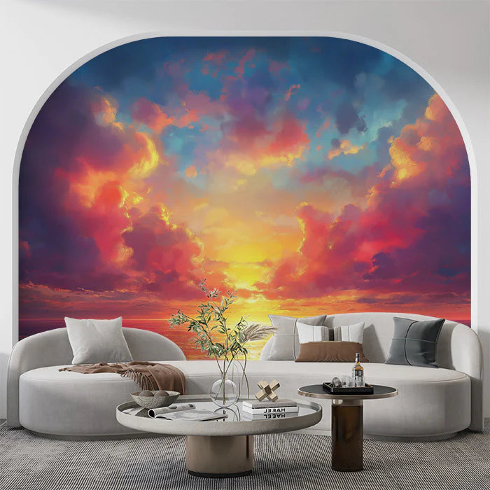 Sunset Clouds Mural Wallpaper in Living Room Orange, Red, Blue, and Purple Sunset Clouds Mural Wallpaper - pure wallpaper artwork