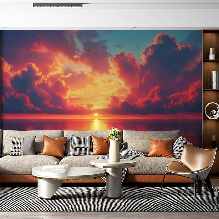 Sunset Clouds Mural Wallpaper in Living Room Orange, Red, Blue, and Purple Sunset Clouds -6 Mural Wallpaper - pure wallpaper artwork