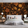 Autumn Leaves Mural Wallpaper in Bedroom Brown, Orange, and Yellow Autumn Leaves Mural Wallpaper - pure wallpaper artwork