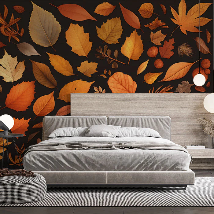 Autumn Leaves Mural Wallpaper in Bedroom Brown, Orange, and Yellow Autumn Leaves -1 Mural Wallpaper - pure wallpaper artwork