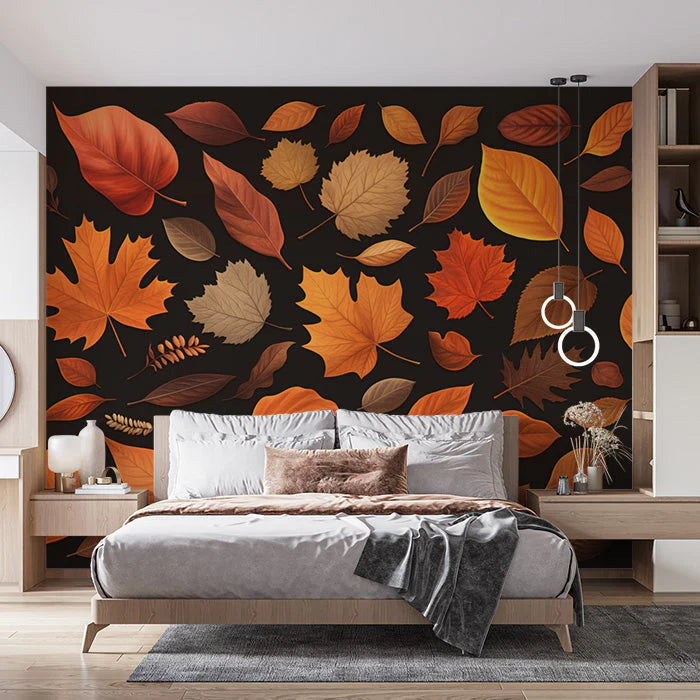 Autumn Leaves Mural Wallpaper in Bedroom Brown, Orange, and Yellow Autumn Leaves -3 Mural Wallpaper