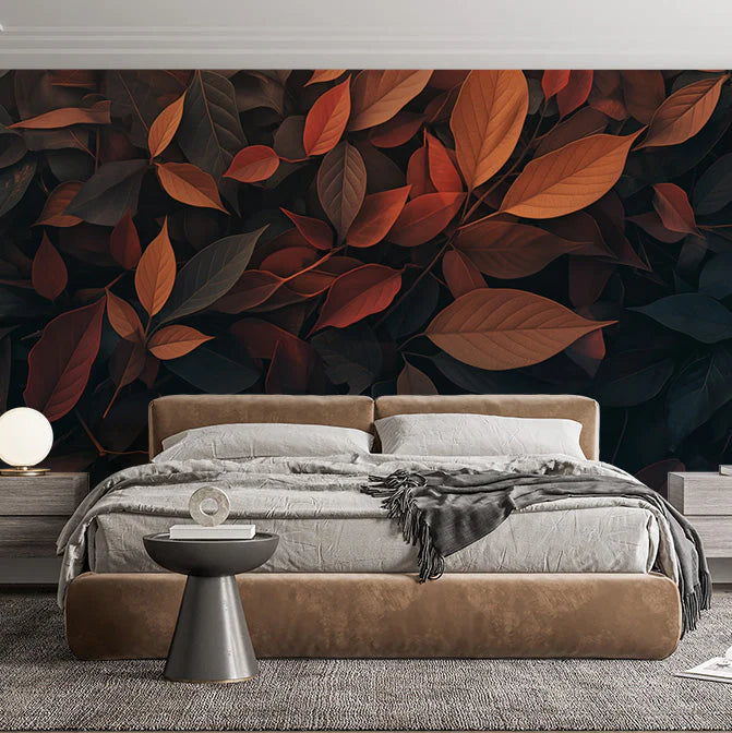 Autumn Leaves Mural Wallpaper in Bedroom Brown, Orange, and Yellow Autumn Leaves -6 Mural Wallpaper - pure wallpaper artwork