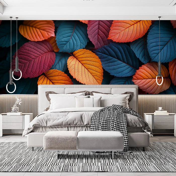 Colorful Leaf Mural Wallpaper in Bedroom Various Colors (Orange, Blue, Purple, etc.) Leaves Mural Wallpaper
