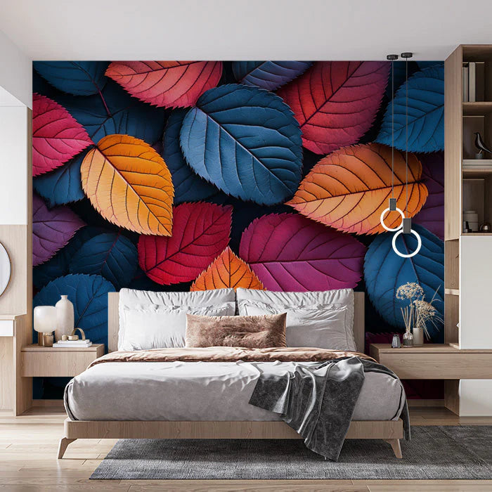Colorful Leaf Mural Wallpaper in Bedroom Various Colors (Orange, Blue, Purple, etc.) Leaves -1 Mural Wallpaper