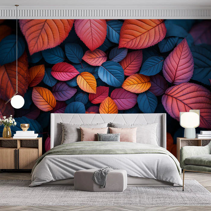 Colorful Leaf Mural Wallpaper in Bedroom Various Colors (Orange, Blue, Purple, etc.) Leaves -3 Mural Wallpaper - pure wallpaper artwork