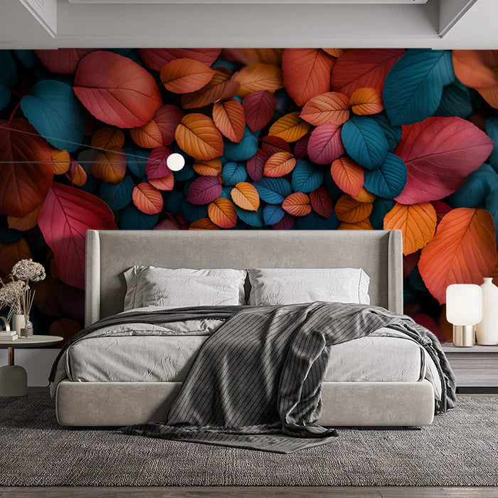 Colorful Leaf Mural Wallpaper in Bedroom Various Colors (Orange, Blue, Purple, etc.) Leaves -4 Mural Wallpaper