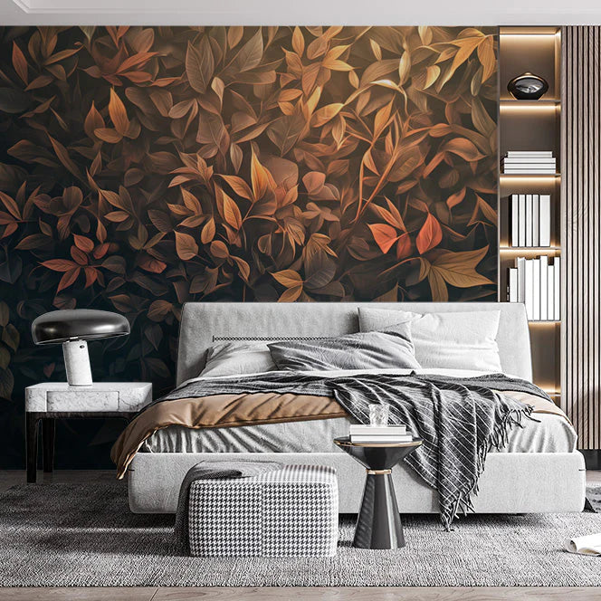 Autumn Leaf Mural Wallpaper in Bedroom Brown, Orange, and Dark Green Autumn Leaves Mural Wallpaper