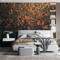 Autumn Leaf Mural Wallpaper in Bedroom Brown, Orange, and Dark Green Autumn Leaves Mural Wallpaper - pure wallpaper artwork