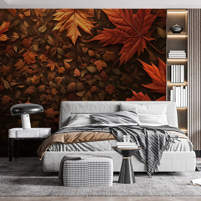 Autumn Leaf Mural Wallpaper in Bedroom Brown, Orange, and Dark Green Autumn Leaves -1 Mural Wallpaper