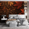 Autumn Leaf Mural Wallpaper in Bedroom Brown, Orange, and Dark Green Autumn Leaves -1 Mural Wallpaper - pure wallpaper artwork