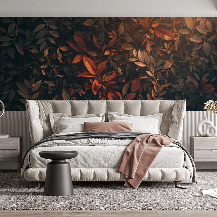 Autumn Leaf Mural Wallpaper in Bedroom Brown, Orange, and Dark Green Autumn Leaves -2 Mural Wallpaper - pure wallpaper artwork