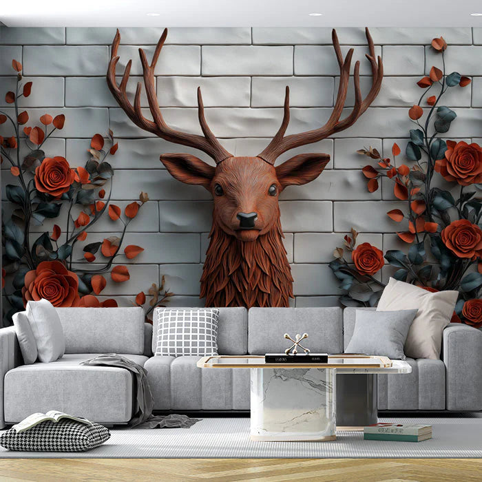 Deer and Roses Mural Wallpaper in Living Room Brown, Orange, and Gray Deer and Roses Mural Wallpaper - pure wallpaper artwork