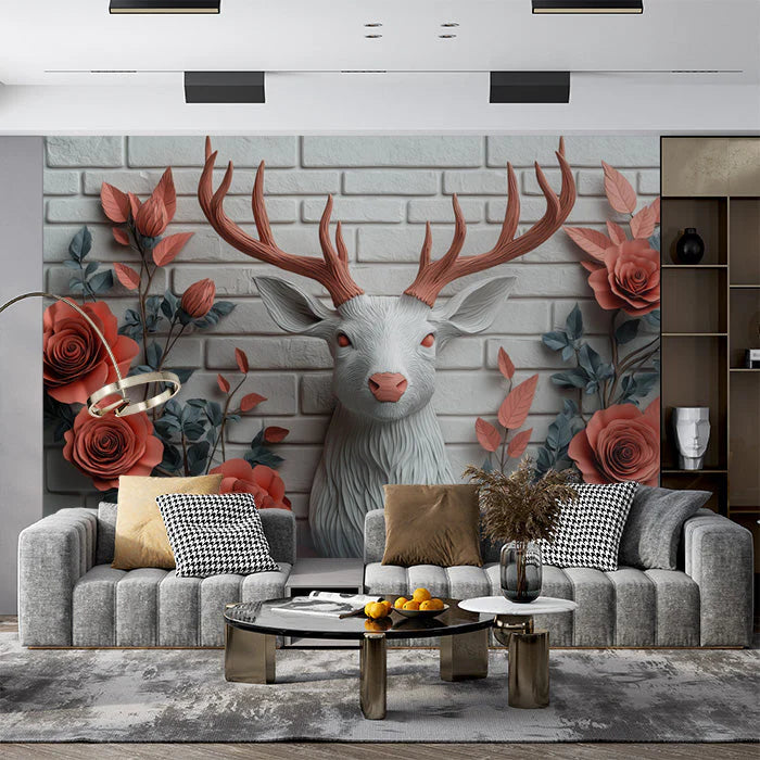 Deer and Roses Mural Wallpaper in Living Room Brown, Orange, and Gray Deer and Roses -1 Mural Wallpaper