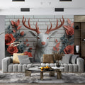 Deer and Roses Mural Wallpaper in Living Room Brown, Orange, and Gray Deer and Roses -1 Mural Wallpaper - pure wallpaper artwork