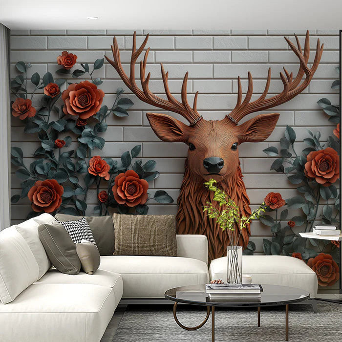 Deer and Roses Mural Wallpaper in Living Room Brown, Orange, and Gray Deer and Roses -2 Mural Wallpaper - pure wallpaper artwork