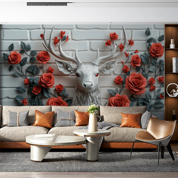 Deer and Roses Mural Wallpaper in Living Room Brown, Orange, and Gray Deer and Roses -3 Mural Wallpaper