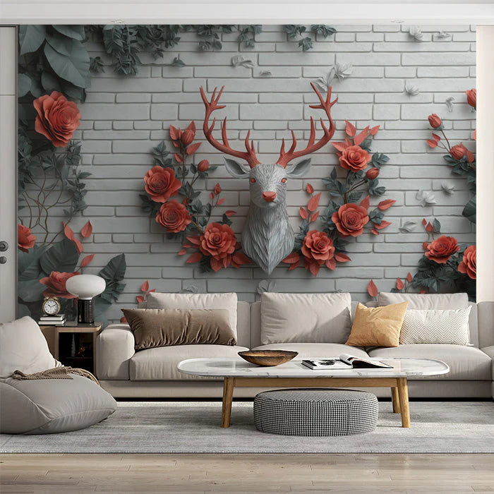 Deer and Roses Mural Wallpaper in Living Room Brown, Orange, and Gray Deer and Roses -4 Mural Wallpaper