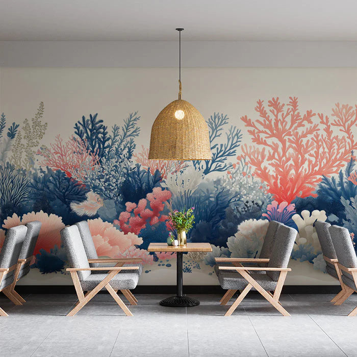 Coral Reef Mural Wallpaper in Cafe Blue, Pink, and White Corals Mural Wallpaper - pure wallpaper artwork