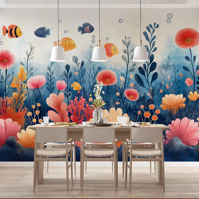 Coral Reef Mural Wallpaper in Dining Room or Kid's Room Blue, Pink, and White Corals -1 Mural Wallpaper