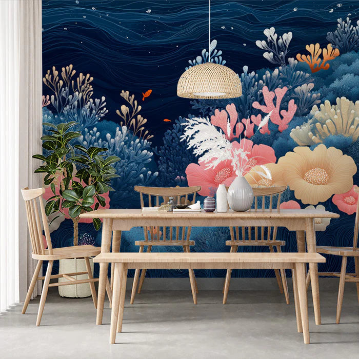 Coral Reef Mural Wallpaper in Dining Room or Kid's Room Blue, Pink, and White Corals -2 Mural Wallpaper - pure wallpaper artwork