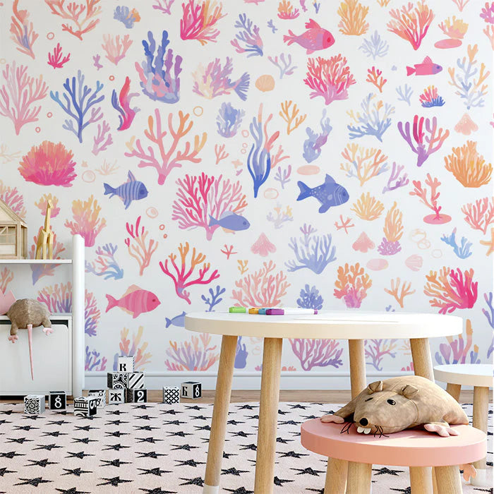 Coral Reef Mural Wallpaper in Nursey & Kids' Room Blue, Pink, and White Corals -3 Mural Wallpaper - pure wallpaper artwork