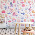 Coral Reef Mural Wallpaper in Nursey & Kids' Room Blue, Pink, and White Corals -3 Mural Wallpaper - pure wallpaper artwork