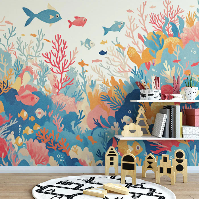 Coral Reef Mural Wallpaper in Nursey Blue, Pink, and White Corals -4 Mural Wallpaper - pure wallpaper artwork