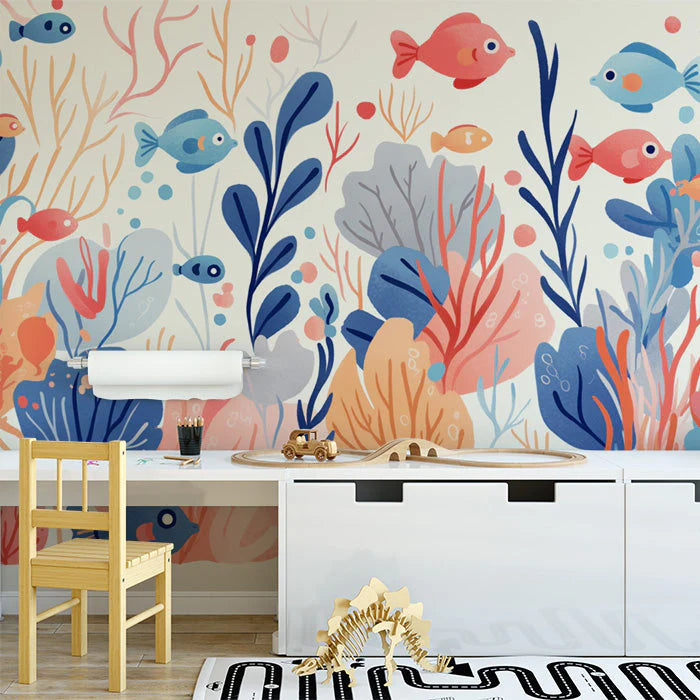 Coral Reef Mural Wallpaper in kid's Room Blue, Pink, and White Corals -5 Mural Wallpaper - pure wallpaper artwork