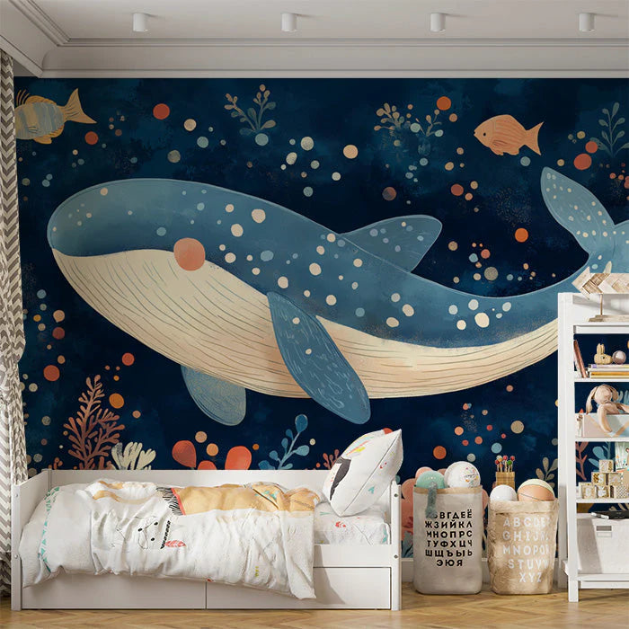 Whale and Underwater Mural Wallpaper in Child's Room Blue, Orange, and Various Pastel Shades Whale Mural Wallpaper