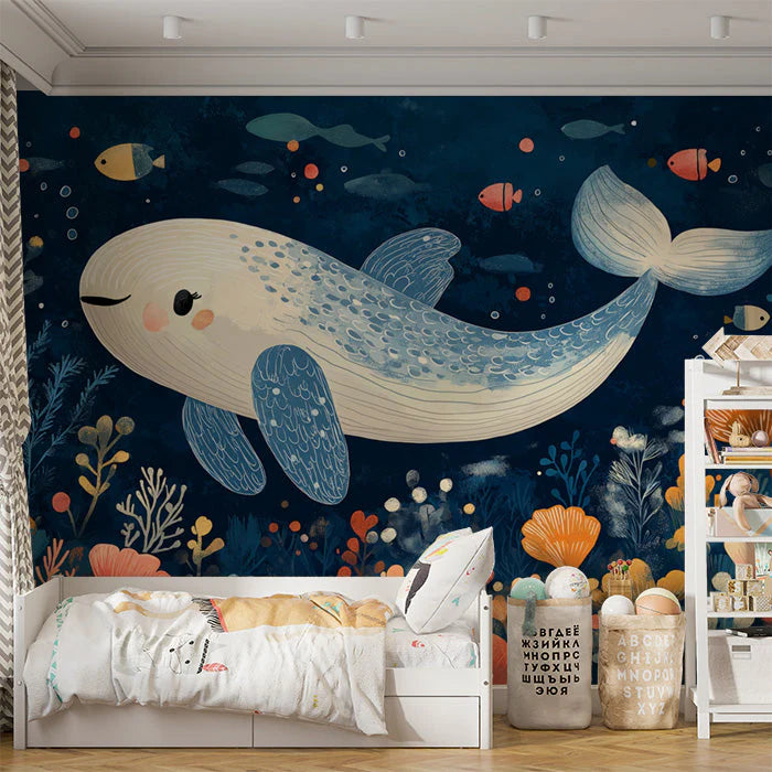 Whale and Underwater Mural Wallpaper in Child's Room Blue, Orange, and Various Pastel Shades Whale -1 Mural Wallpaper