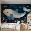 Whale and Underwater Mural Wallpaper in Child's Room Blue, Orange, and Various Pastel Shades Whale -1 Mural Wallpaper - pure wallpaper artwork
