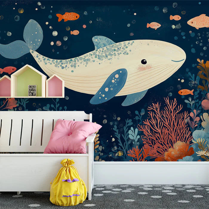 Whale and Underwater Mural Wallpaper in Child's Room Blue, Orange, and Various Pastel Shades Whale -2 Mural Wallpaper - pure wallpaper artwork