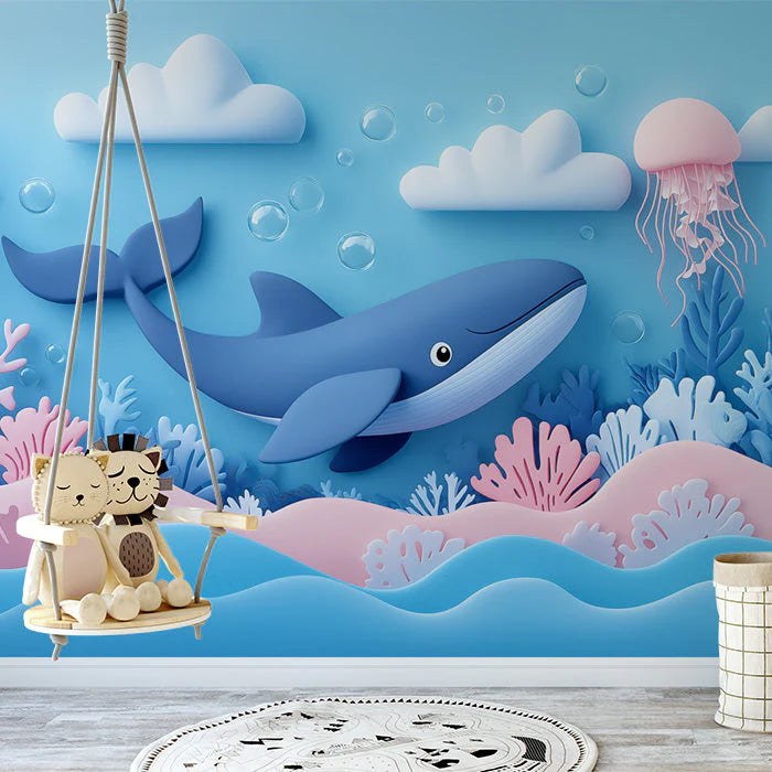 Whale and Underwater Mural Wallpaper in Child's Room Blue, Orange, and Various Pastel Shades Whale -3 Mural Wallpaper - pure wallpaper artwork