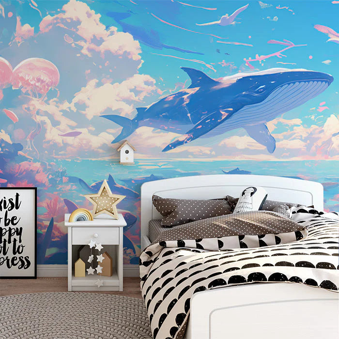 Whale and Underwater Mural Wallpaper in Child's Room Blue, Orange, and Various Pastel Shades Whale -4 Mural Wallpaper - pure wallpaper artwork