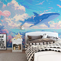Whale and Underwater Mural Wallpaper in Child's Room Blue, Orange, and Various Pastel Shades Whale -4 Mural Wallpaper - pure wallpaper artwork