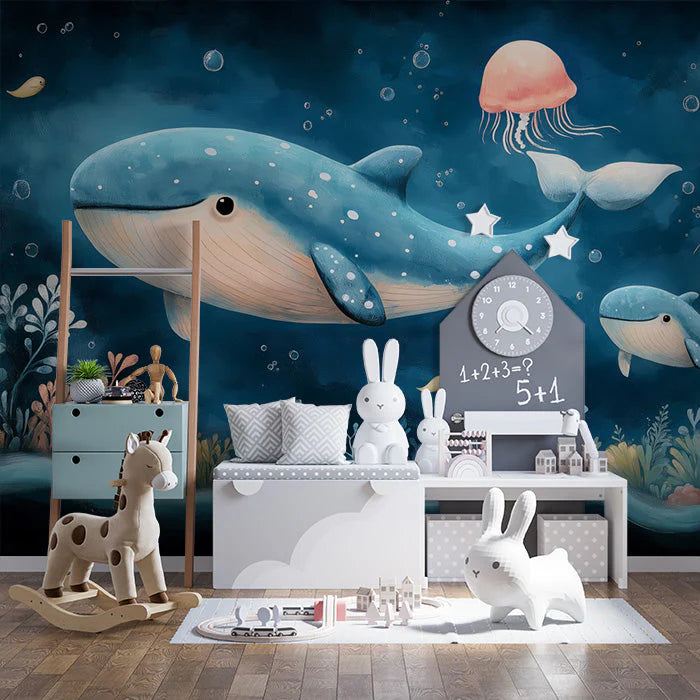 Whale and Underwater Mural Wallpaper in Child's Room Blue, Orange, and Various Pastel Shades Whale -5 Mural Wallpaper - pure wallpaper artwork